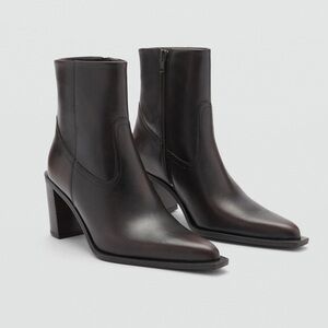 Mango MNG LEATHER ANKLE BOOTS BLOCK HEEL in Brown $180 New Eu 38 US 7.5 pointed